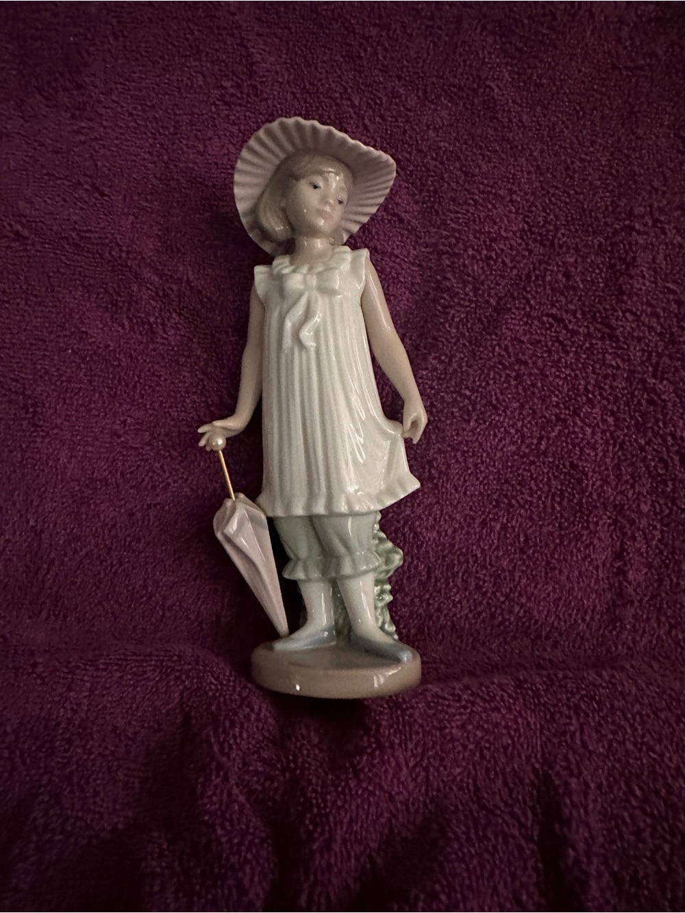 Lladro Nao Porcelain Girl Figurine in White with Pale Pink Umbrella